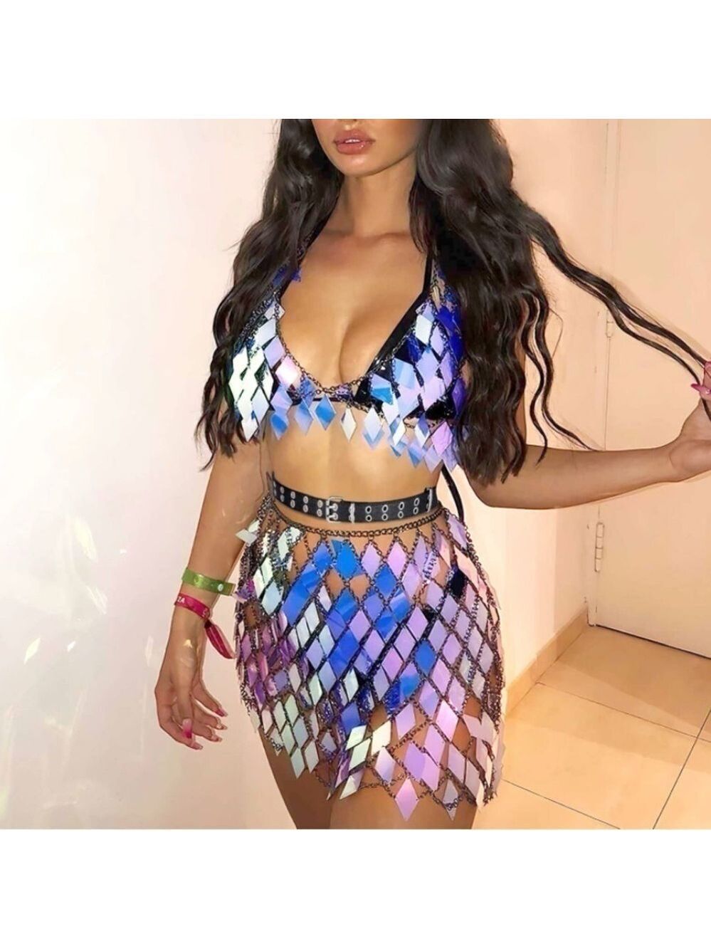SEQUINS Tassels Body Chain Blue Bra Skirt Set Sexy Bikini Rave Festival Party